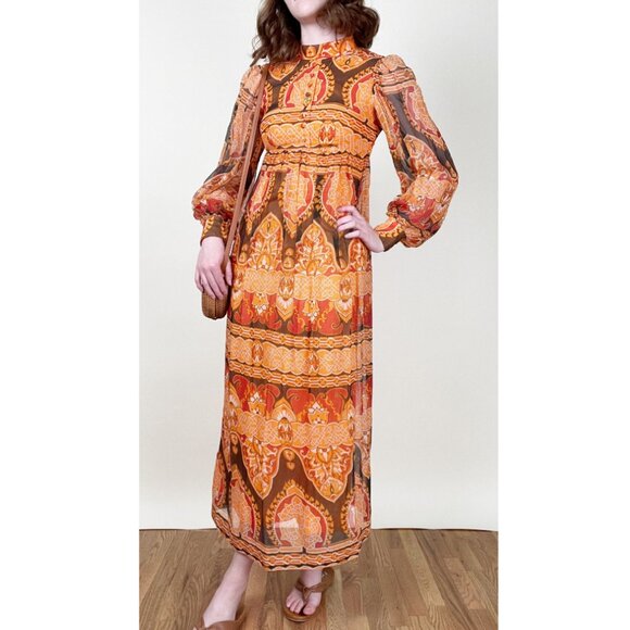 Vintage Union Made Maxi Dress Long Puffed Poof Balloon Sleeve Boho Print 60s 70s - Picture 1 of 8